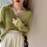 袖ボタンニット リブニット vネックトップス | COCOMOMO | 詳細画像4 