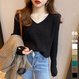 ブラック | 袖ボタンニット リブニット vネックトップス | COCOMOMO