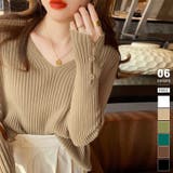 キャメル | 袖ボタンニット リブニット vネックトップス | COCOMOMO