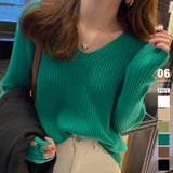 グリーン | 袖ボタンニット リブニット vネックトップス | COCOMOMO