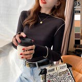 ブラック | メロウトップス 配色ステッチカットソー メロウフリルハイネック | COCOMOMO