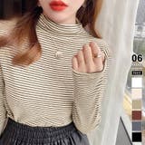 ベージュ | ボーダー長袖カットソー ハイネック ボーダーロンt | COCOMOMO