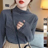 ブラック | ボーダー長袖カットソー ハイネック ボーダーロンt | COCOMOMO