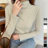 ライトブラウン | ボーダー長袖カットソー ハイネック ボーダーロンt | COCOMOMO