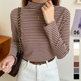 レンガ赤 | ボーダー長袖カットソー ハイネック ボーダーロンt | COCOMOMO