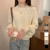アイボリー | レースフリルネックニット 重ね着風ニットトップス ドッキングレース | COCOMOMO
