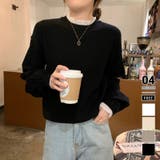 ブラック | レースフリルネックニット 重ね着風ニットトップス ドッキングレース | COCOMOMO