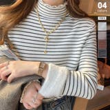 アイボリー | 裏起毛 ボーダーハイネックニット メロウフリル | COCOMOMO