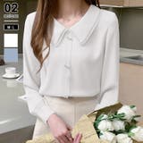 ホワイト | とろみシフォンブラウス パールボタン付き オフィスカジュアル | COCOMOMO