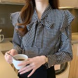ボウタイリボンブラウス 千鳥格子 ショルダーフリル | COCOMOMO | 詳細画像2