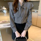 ボウタイリボンブラウス 千鳥格子 ショルダーフリル | COCOMOMO | 詳細画像3