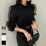 ブラック | シフォンスリーブブラウス パール付きパフスリーブ オーガンジー | COCOMOMO