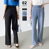 ドットデニムパンツ ワイドストレートデニムパンツ ウエスト調整ボタン付き | COCOMOMO | 詳細画像1