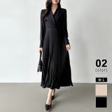 ブラック | プリーツワンピース ベルト付きカシュクールワンピース オフィスカジュアル | COCOMOMO