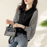 シャツブラウス ストライプ切り替え ボリューム袖ブラウス | COCOMOMO | 詳細画像3