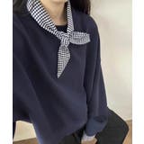 ギンガムチェックスカーフ付き 重ね着風トレーナー 長袖カットソー | COCOMOMO | 詳細画像2 