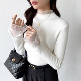 ふわふわ裏起毛 袖レース ハイネックニットトップス | COCOMOMO | 詳細画像2