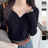 ブラック | キーネックニット リブニット ニットトップス | COCOMOMO