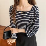 スクエアネックボーダーカットソー ボーダーロンT 長袖トップス | COCOMOMO | 詳細画像13