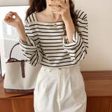 スクエアネックボーダーカットソー ボーダーロンT 長袖トップス | COCOMOMO | 詳細画像4