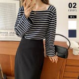 ネイビー | スクエアネックボーダーカットソー ボーダーロンT 長袖トップス | COCOMOMO