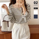 ホワイト | スクエアネックボーダーカットソー ボーダーロンT 長袖トップス | COCOMOMO