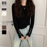 ブラック | 袖ボタンニット クルーネック ニットトップス | COCOMOMO