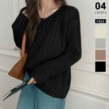 ブラック | リブニット ざっくりラウンドネック オフィスカジュアル | COCOMOMO