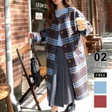 ブルー | リバーシブルチェックコート マフラー付きノーカラーコート ロングコート | COCOMOMO