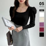 ブラック | リブニット スクエアネック パフスリーブニット | COCOMOMO