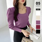 パープル | リブニット スクエアネック パフスリーブニット | COCOMOMO