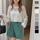 アイボリー | 透かし編みショートニット メッシュトップス ボリューム袖 | COCOMOMO