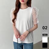 ホワイト | ドットチュールで華やかに パフスリーブトップス 半袖カットソー | COCOMOMO