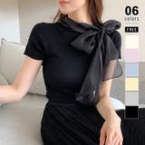 ブラック | リボンスカーフトップス ボウタイリボン 半袖ニット | COCOMOMO