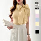 イエロー | リボンスカーフトップス ボウタイリボン 半袖ニット | COCOMOMO