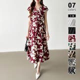 ワイン | フレンチスリーブワンピース 夏ワンピース 総柄ワンピース | COCOMOMO