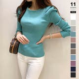 グリーン | リブニット パフショルダーニット 長袖ニット | COCOMOMO