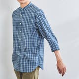NAVY | チェックバンドカラー7分袖シャツ | coen OUTLET