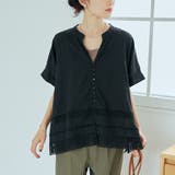 BLACK | 裾刺繍レース スキッパーシアーバンドカラーブラウス | coen【women】