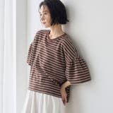 MD.BROWN | マルチボーダー 袖ギャザーフリルワッフル Tシャツ | coen【women】