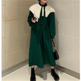 グリーン | ワンピース ビッグカラー 襟 長袖 Aライン ウエスト ロング きれい | coko.tokyo
