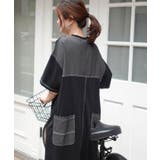 ブラック | 配色ステッチオーバーサイズ半袖Tシャツワンピース | CORNERS