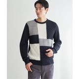 ネイビーブルー | ブロックスクルーネックニット | ikka