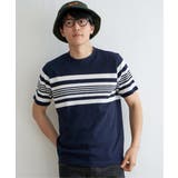 ネイビー | パイナップルパネルボーダーTシャツ | ikka