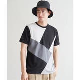 ブラック | 【親子おそろい】ブロックスポンチ斜め切り替えTシャツ | ikka
