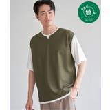 カーキ | ヘリンボンキーネックフェイクベストTシャツ | ikka
