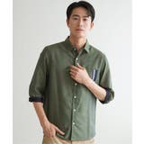 オリーブ | 7分袖リネン混切り替えポケットシャツ | ikka