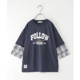 ダークネイビー | 7分袖フェイクシャツレイヤードプリントTシャツ（120~160cm） | ikka 
