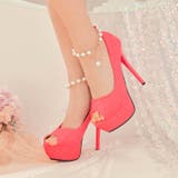 パンプス 痛くないワンカラーマットパールストラップ付きオープントゥパンプス 結婚式 | Dazzy | 詳細画像8
