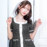 モノトーンチェックパールビジューレースライン半袖Aラインミニドレス | Dazzy | 詳細画像4 